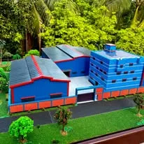 Blue-clad sheds with red trim